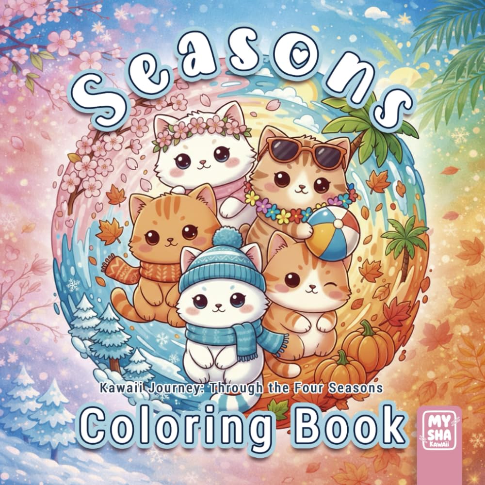 Kitty Life: A Kawaii Journey Through the Four Seasons: A Relaxing Coloring Book for Adults with 45 Adorable Cat Illustrations and Progressive Difficulty