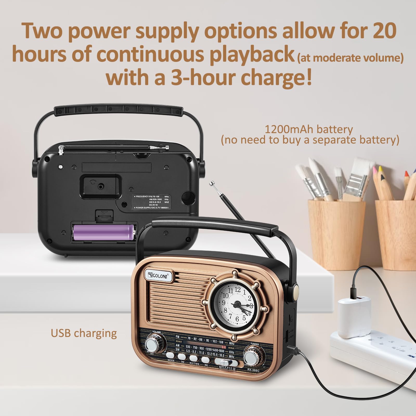 Gelielim Radios portátil AM FM SW, altavoz Bluetooth de radio vintage con sonido cristalino, funciona con batería recargable,