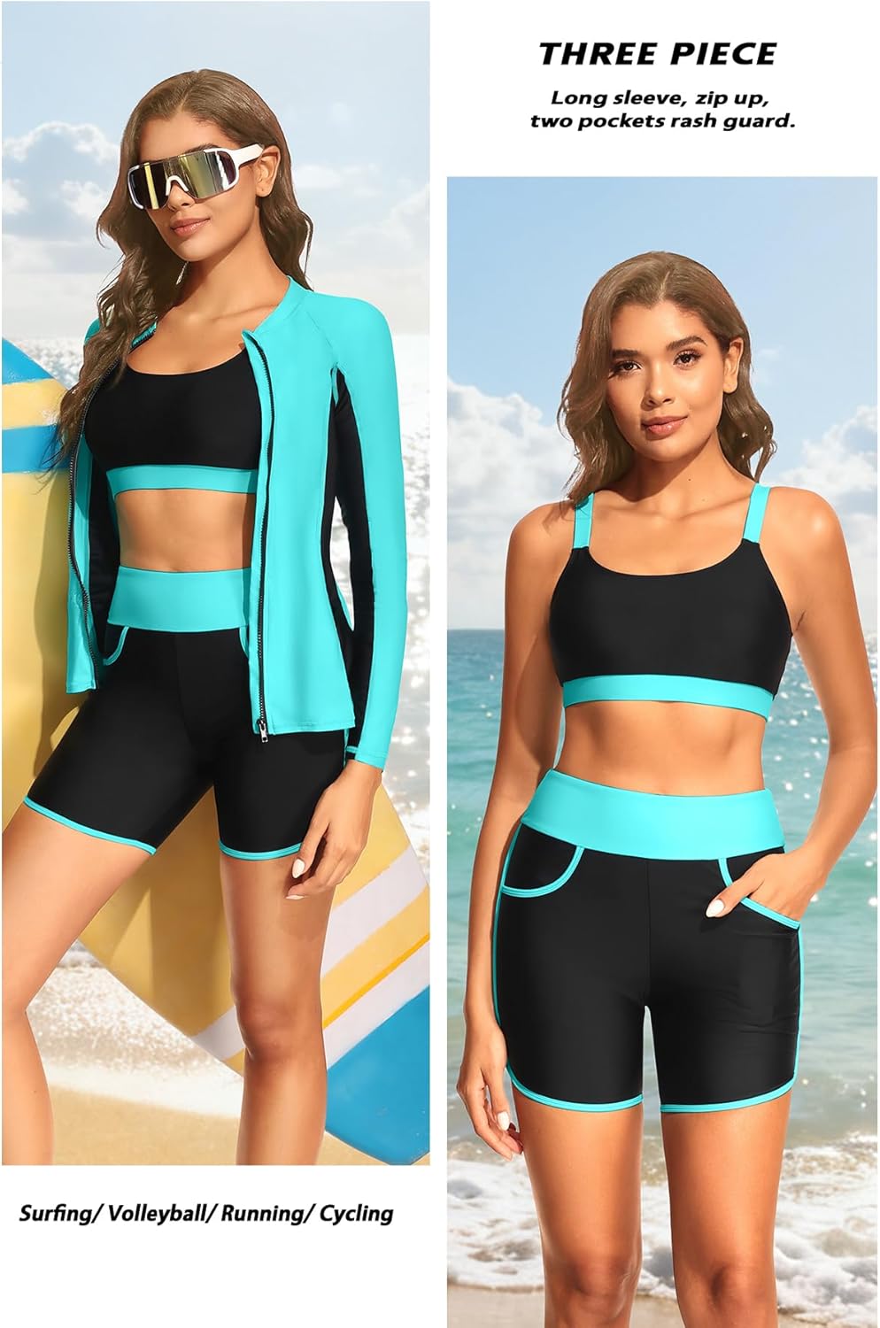 Women 3 Piece Rash Guard - Long Sleeve Swimsuit Built in Bra Swim Shirt Zip Bathing Suit with Pocket Shorts - Image 5