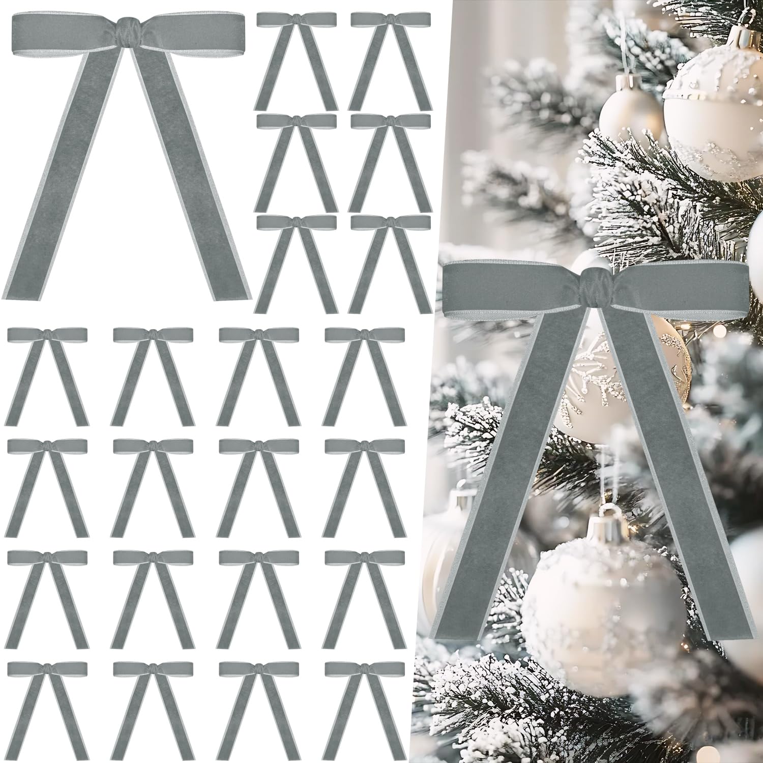 Miaikoe 24 Pcs Velvet Bows for Christmas Tree Rustic Velvet Christmas Ornaments Rustic Bows for Door Garland Wreath Gift Party Decoration (Width of 2.5cm,Grey)