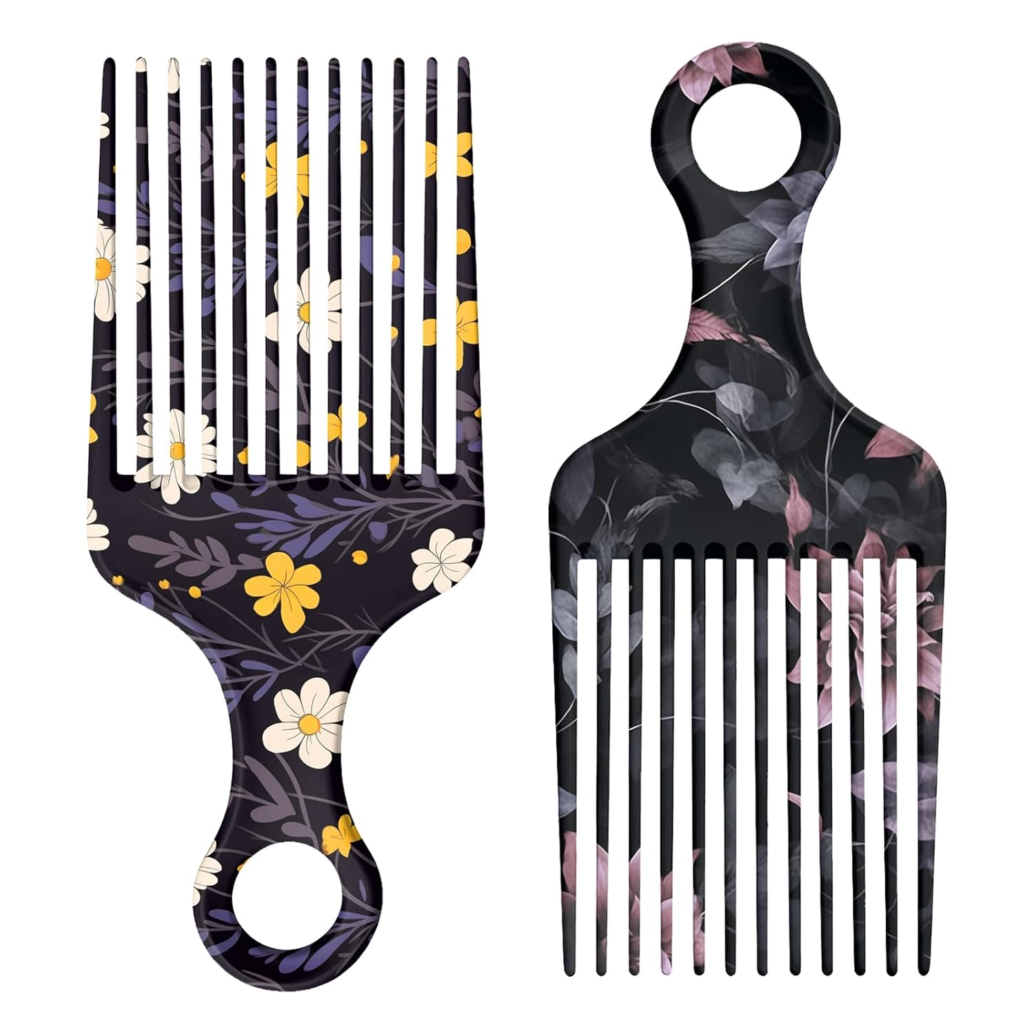 2PCS Hair Pick,Afro Pick for Long Thick Curly,Cute Design for Women Men and Girls,Portable Styling Volume Comb,Afro Comb Ideal for Curly Hair (Daisy & Dark Floral)