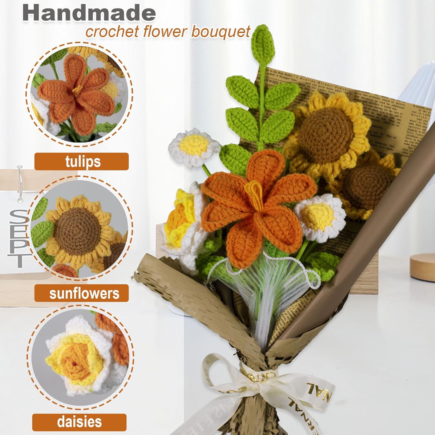 Handmade Crochet Sunflowers Crochet Flower Bouquet Artificial Flower Finished Bouquet for Home decor,Gift for Girls Lover