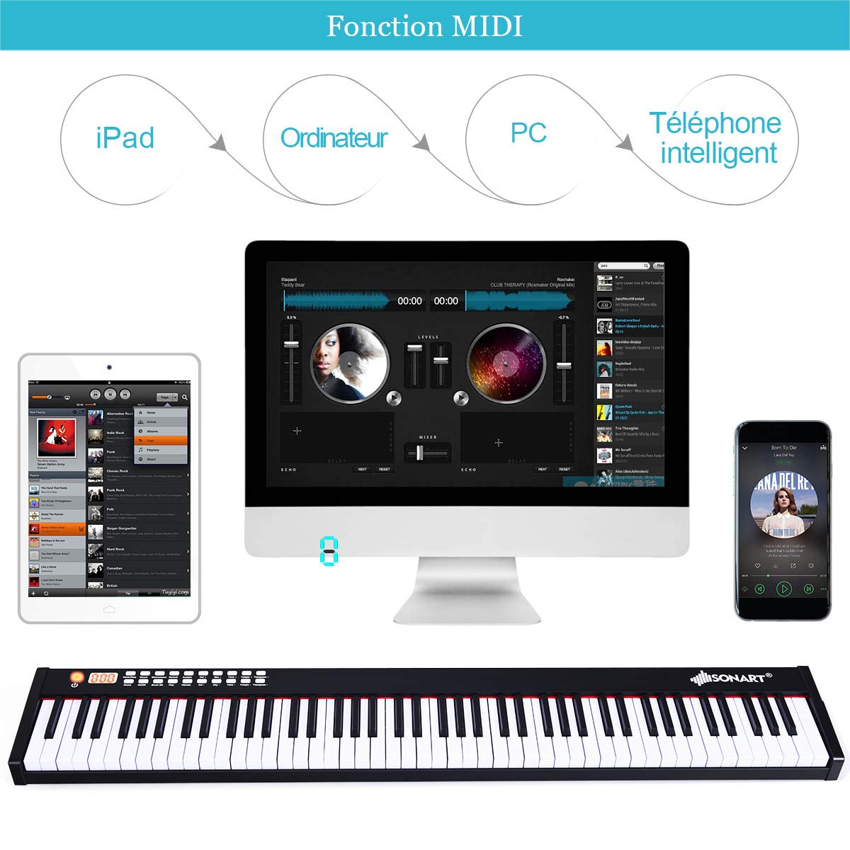 COSTWAY Piano Numérique 88 Touches, Clavier Électronique Portable avec Fonction Bluetooth, Interface MIDI, Haut-Parleurs et Pédale de Sustain, pour Enfants et Adultes (Noir)
