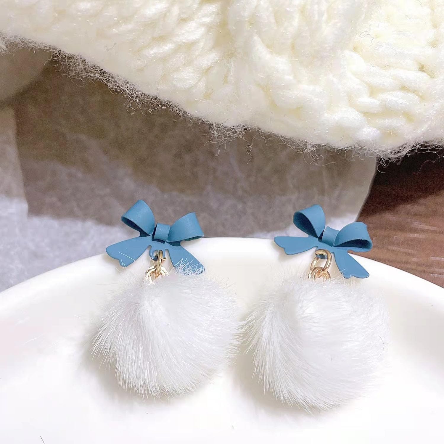 Pink Bow Pom Pom Earrings for Women Pink Blue Fluffy Pom Bowknot Earrings Winter Earrings Christmas Party Jewelry Gifts for Women - Image 6