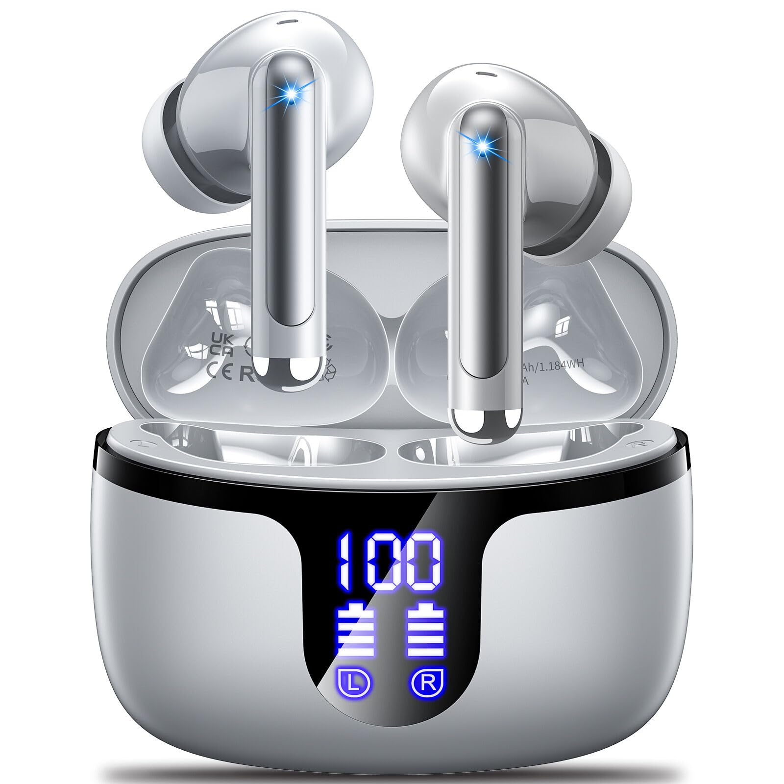 Auriculares Inalambricos Bluetooth Cascos Inalámbricos con HiFi Estéreo,4 Mic con Reducción de Ruido ENC,Bluetooth 5.3,48H Playtime,Impermeable IPX7,Pantalla Pantalla de energía LED Gris