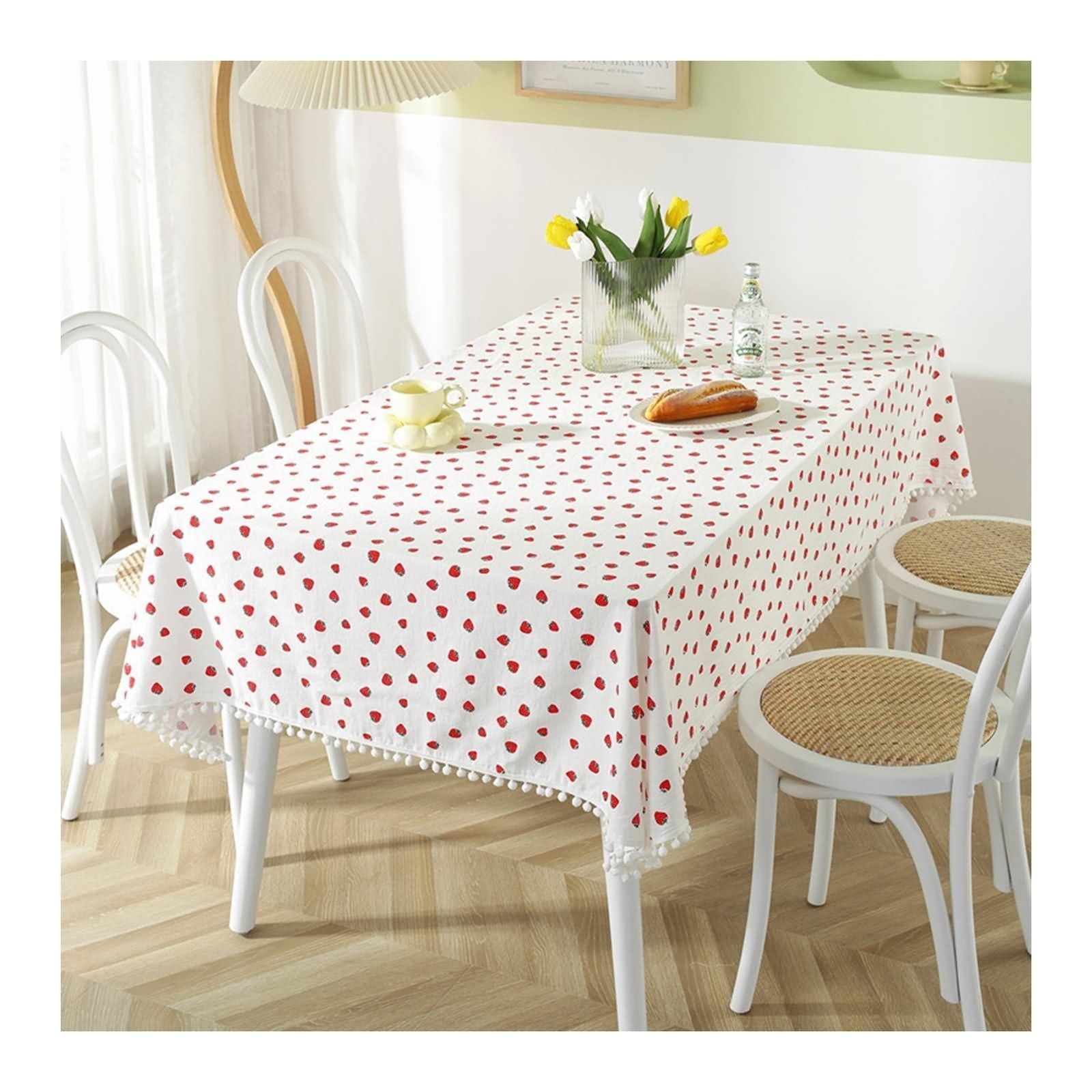 Manteles de mesa bohemios para sala de estar, manteles de tela con estampado de fresas, bonitos manteles blancos modernos de mediados de siglo, de algodón, 87 x 55 pulgadas