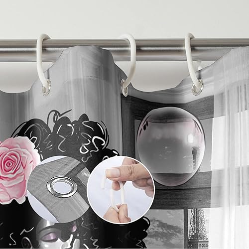 Miniatura 7 de Cortina de ducha de mujer afroamericana, cortina de ducha de tela de poliéster impermeable para baño, cortina de baño gris, lavable a máquina,
