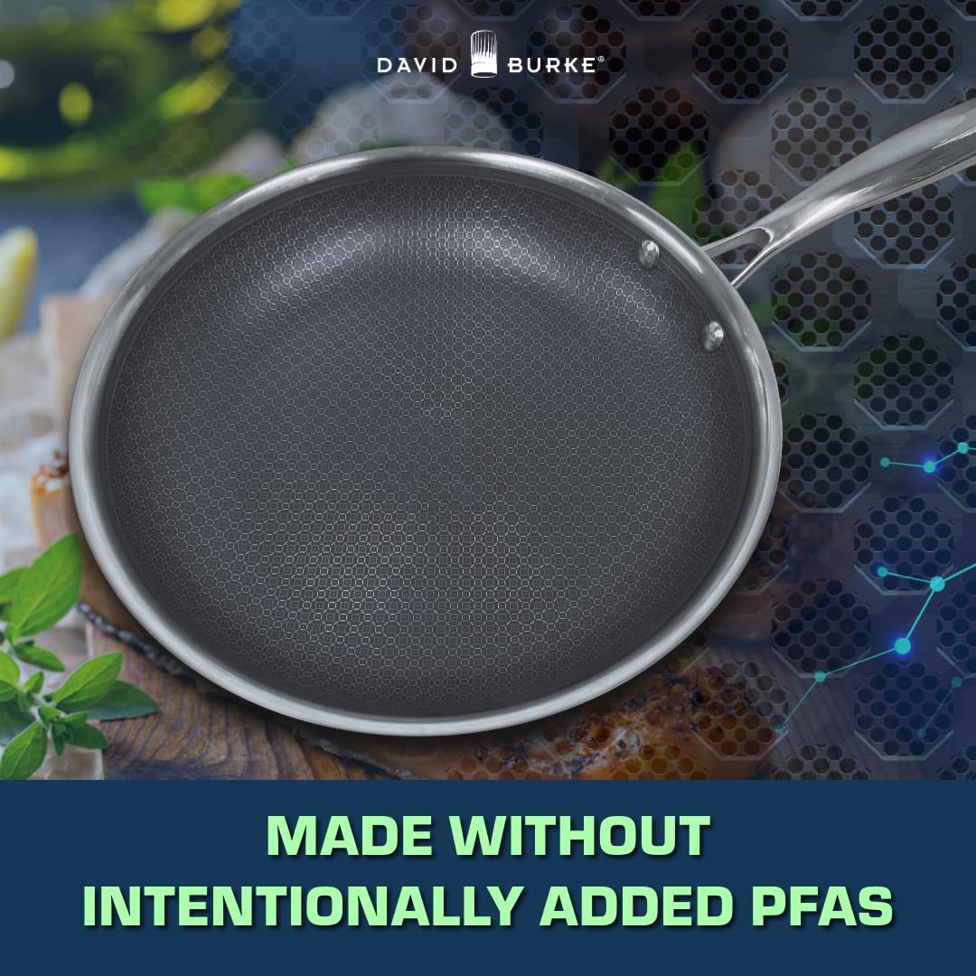 David Burke GeoClad Ceramic 12-Piece Cookware Set – Stainless Steel Sear Surface, Geometric Pattern, Tri-Ply Clad Body, PFOA-Free, Dk Gray/SS