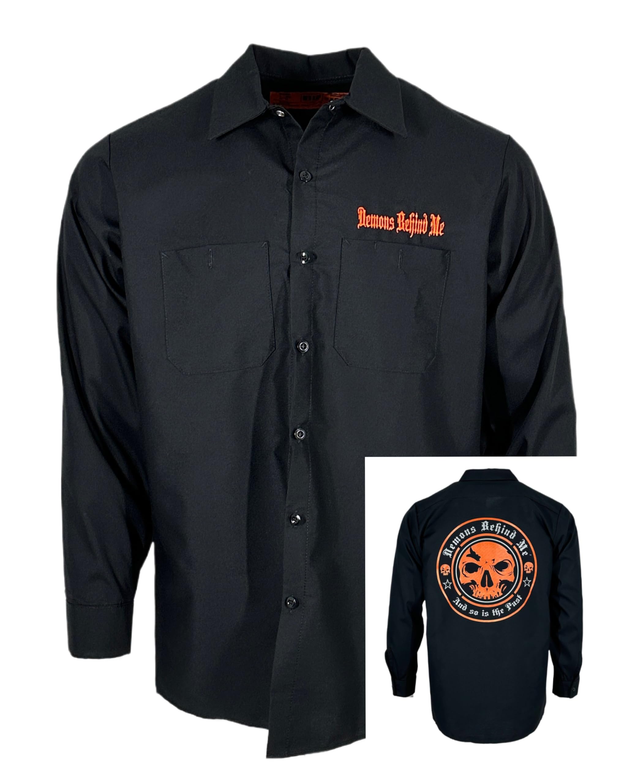 Demons Behind Me Men's Long Sleeve Black Embroidered Shop Shirt - Orange Logo