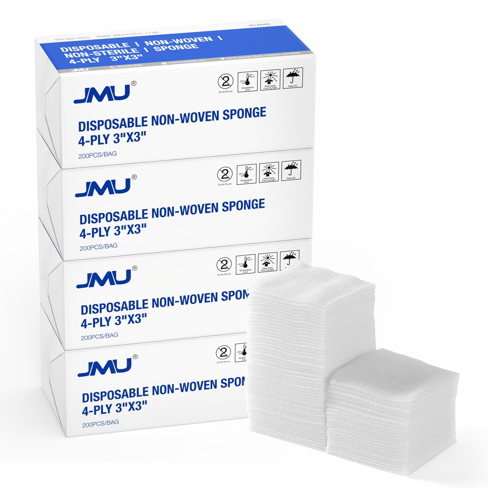 JMU 800 Gauze Pads 3x3, Sponge Non Woven 4-Ply Non-Sterile Dental Pads All Purpose Gauze
