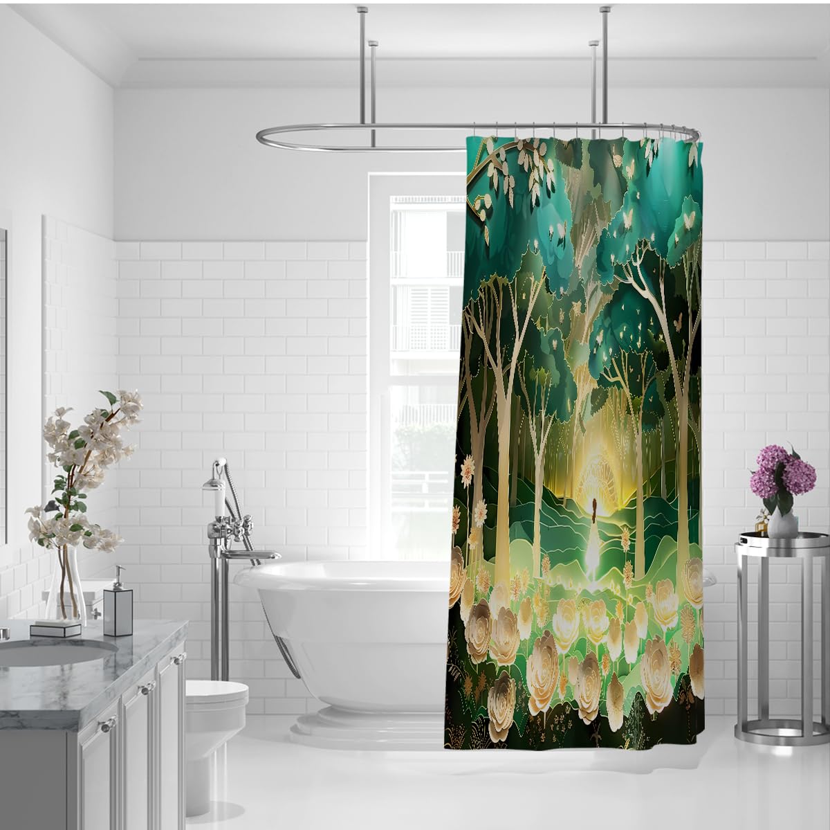 Rideau de Douche Tissu Paysage Jardin Style Conte 180 x 180 cm