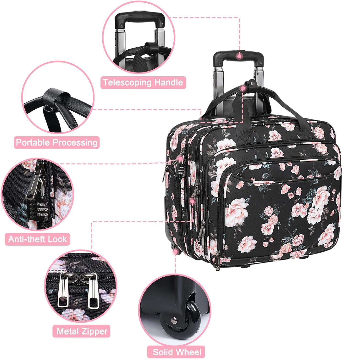 MOSISO Rolling Briefcase Laptop Bag for Women, Wheel Briefcase Teacher Bag for 15.6 inch with Coded Lock, Overnight Camellia Rolling Computer Bag on 2 Wheels with Belt for Work Travel Business, Black - Image 2