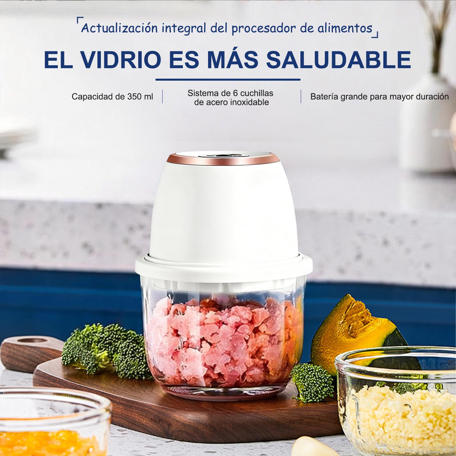 Picadora de cebolla, picadora de cocina, 350 ml, 6 cuchillas de acero inoxidable, con cable de carga tipo C para cocina casera y acampadas, apta para picar carne, cebolla y pimientos (blanca)