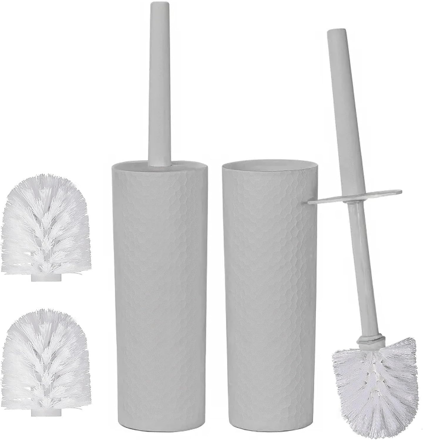 Topsky 2 Pack Compact Toilet Brush & Holder Set, Plastic Round Barrel Loo Brush with 2 Replacement Toilet Brush Head, Durable for Bathroom Toilet, Gray