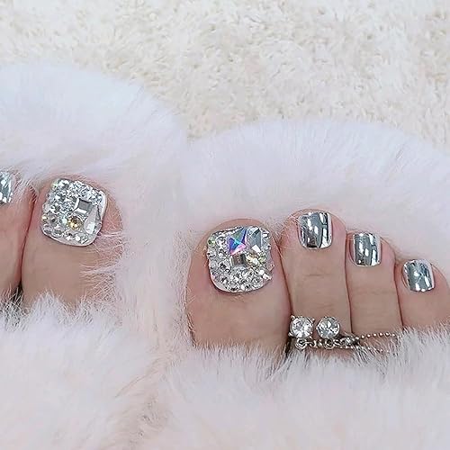 Miniatura 25 de Uñas postizas a presión con diseños de diamantes de imitación, uñas postizas reutilizables de cobertura completa con pestaña adhesiva, uñas postizas