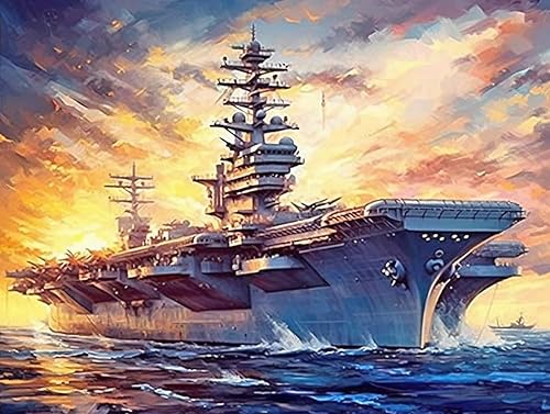 Pintura de diamantes para portaaviones, buque de guerra de la Segunda Guerra Mundial, tema militar, kit de ventilador del ejército para adultos, kit
