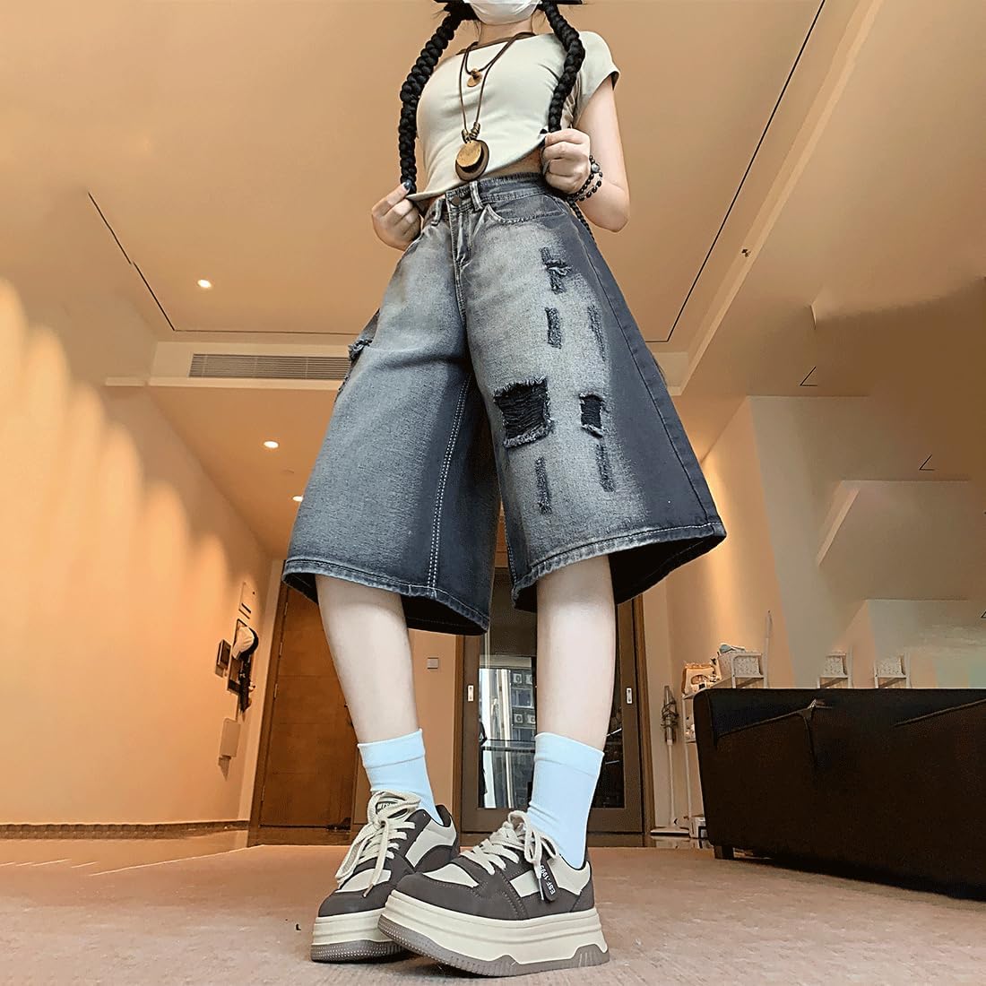 Y2K Grunge Gothic Vintage Casual Style High Waist Straight Wide Leg Ripped Distressed Capri Jeans for Women