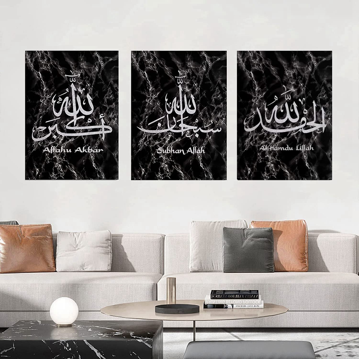 ERTLKP Marble Grain Islamic Pictures Living Room Bedroom Decoration, Islamic Painting Arabic Calligraphy Wall Art Canvas Prints Pictures No Frame (White Font, 30 x 40 cm x 3)