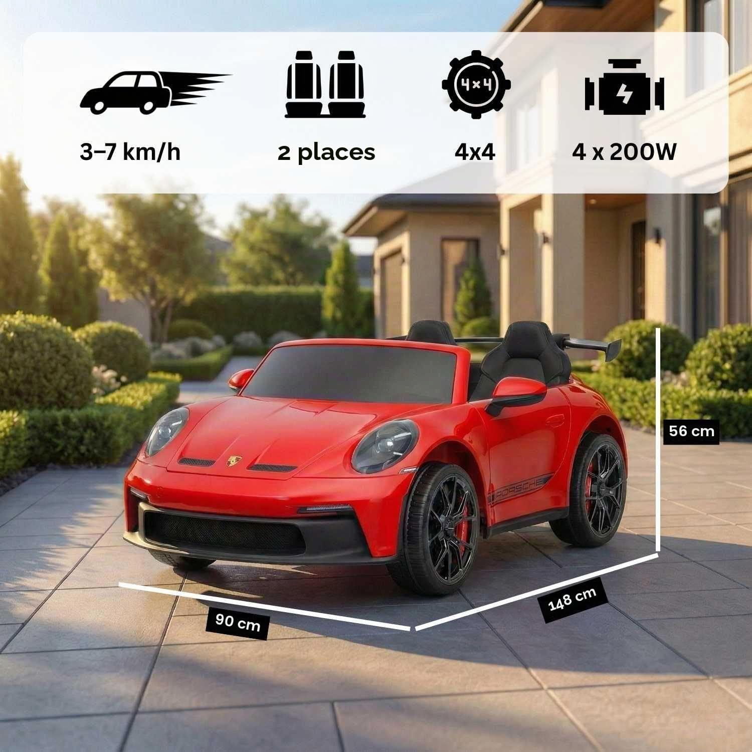 Porsche 911 GT3 voiture électrique enfants 24V 2 places 4x4, Rouge, 4 x 200W moteurs, batterie lithium, télécommande parentale 2,4 GHz, suspension, USB/AUX, phares LED, licence officielle