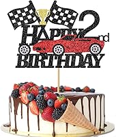 Vista 1 de Decoración de pastel de coche de carreras de 2 años, decoración de pastel de feliz segundo cumpleaños, auto de carreras, bandera a cuadros, rueda