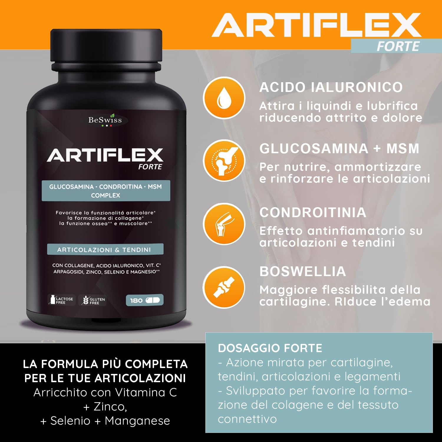 Artiflex Glucosamina Condroitina MSM - 180 Capsule Integratore per Ossa Articolazioni Cartilagine | con Collagene, Acido Ialuronico, Boswellia, Vitamine e Minerali | Alto Dosaggio