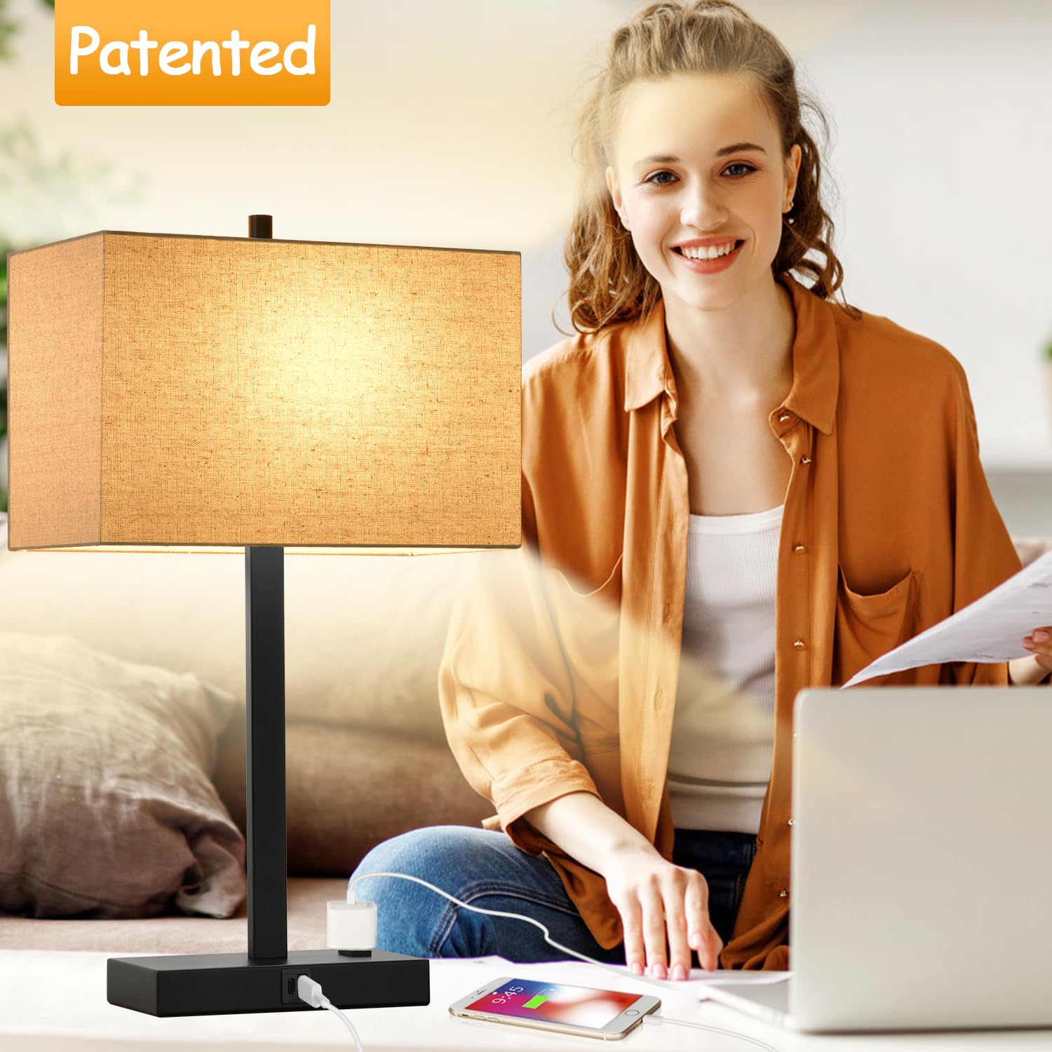 53,3 cm Touch-Nachttischlampen mit 2 USB- und AC-Steckdosen, 3-fach dimmbare Nachttischlampen 2er Set für Schlafzimmer, Wohnzimmer, Büro, Lesen, Beige Leinen Lampenschirmlampen für Nachttische, 2700K