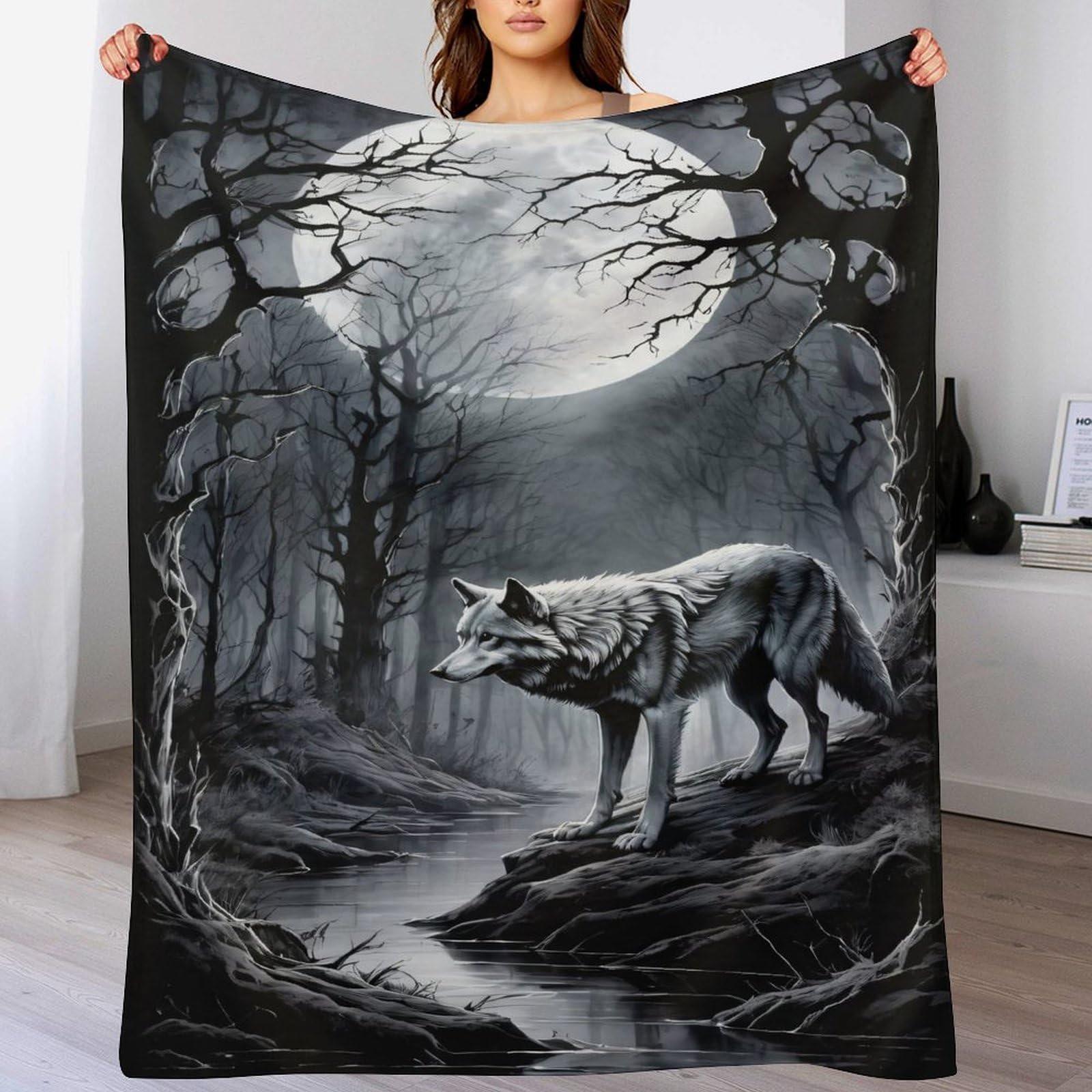 Couverture polaire Loup douce légère chaude grande taille 180x200cm pour lit