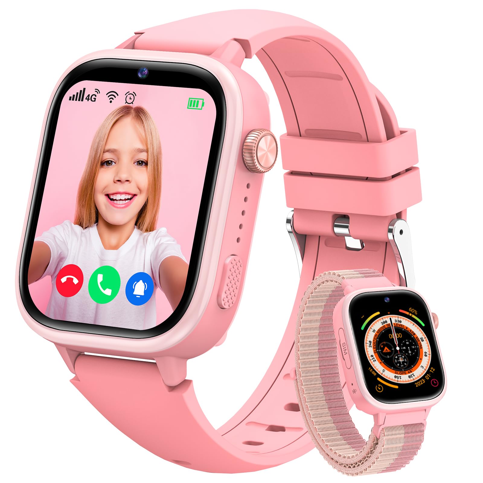 Minilandia Reloj Inteligente Niño 4G, Reloj para Niño con GPS y Llamadas, Smartwatch con SIM, SOS, Chat, Videollamada, Modo Clase, IP68, Podómetro, Reloj Inteligente Niña Regalo para 4-12 Años, Rosa