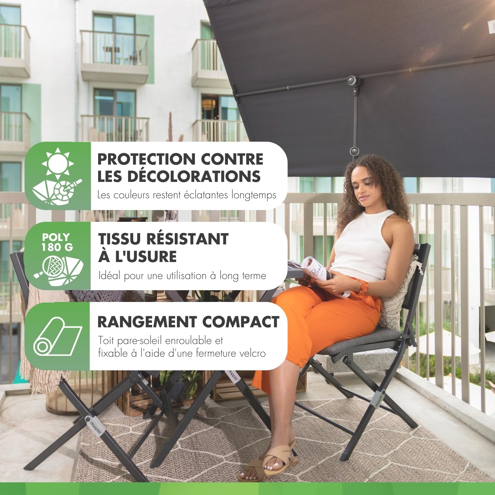 Doppler Pare-soleil pour balcon I 170x130cm I Protection solaire pour balcon & terrasse I Protection visuelle flexible I Parasol rectangulaire & pivotant I Parasol de jardin pour balcon