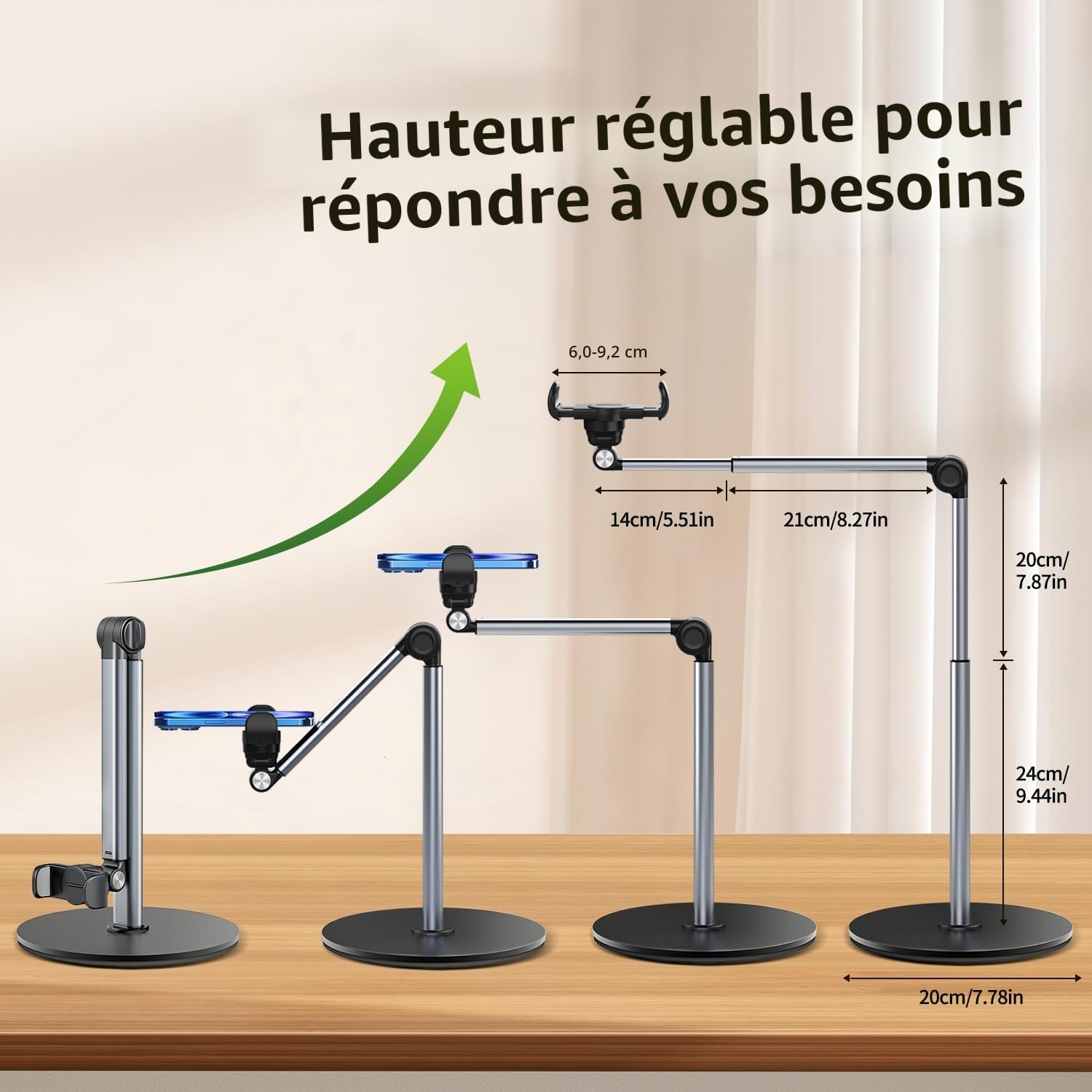 Support Téléphone Bras Articulé 30 CM Réglable Pliable pour iPhone, Diffusion en Direct, Enregistrement Vidéo