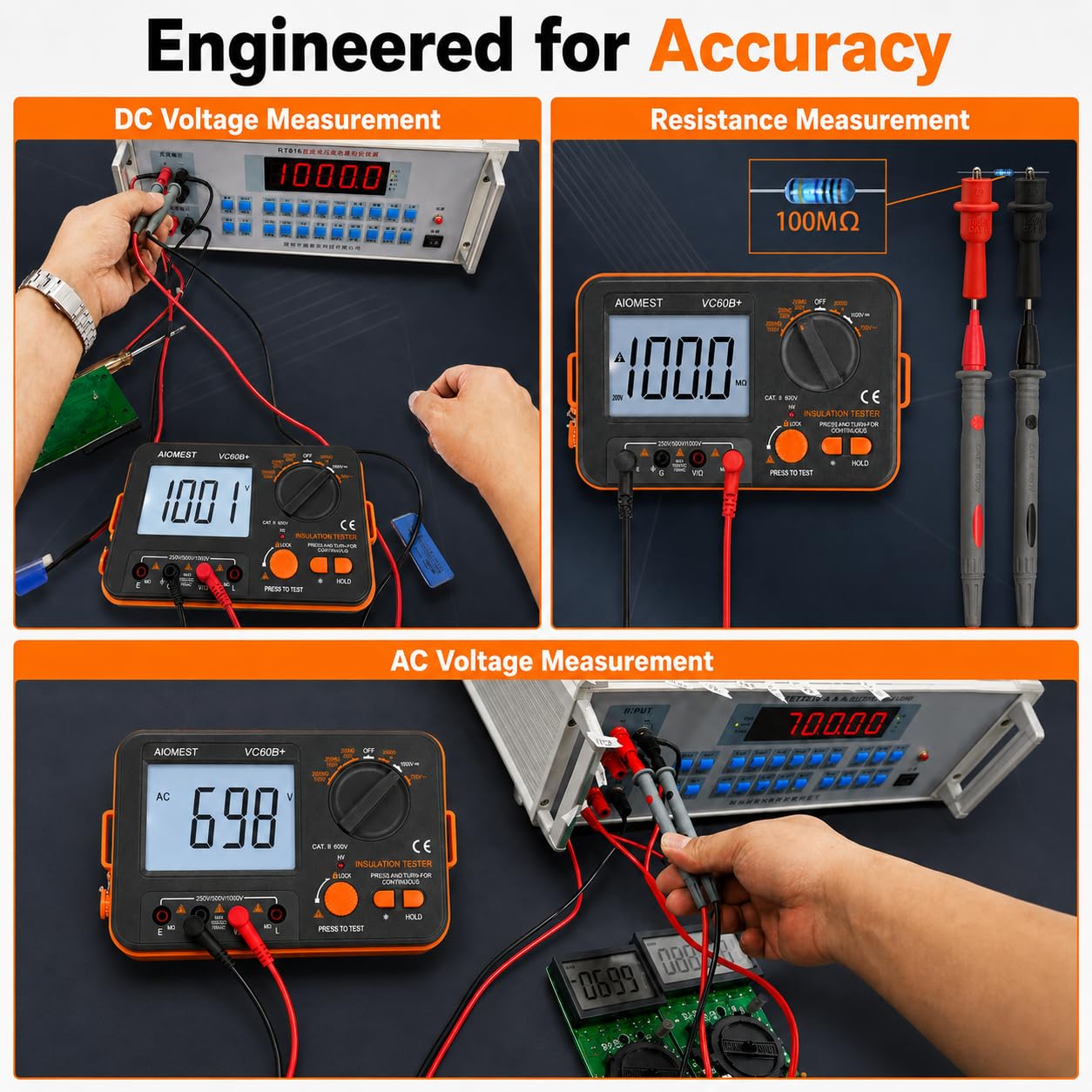 Digital-Megohmmeter 1000V Isolationsmessgerät, AIOMEST Isolationsmesser Isolationswiderstand bis 2 GΩ, mit 250V/500V/1000V Prüfspannung, AC/DC Spannungsmesser, Durchgangsprüfer, CAT III 600V