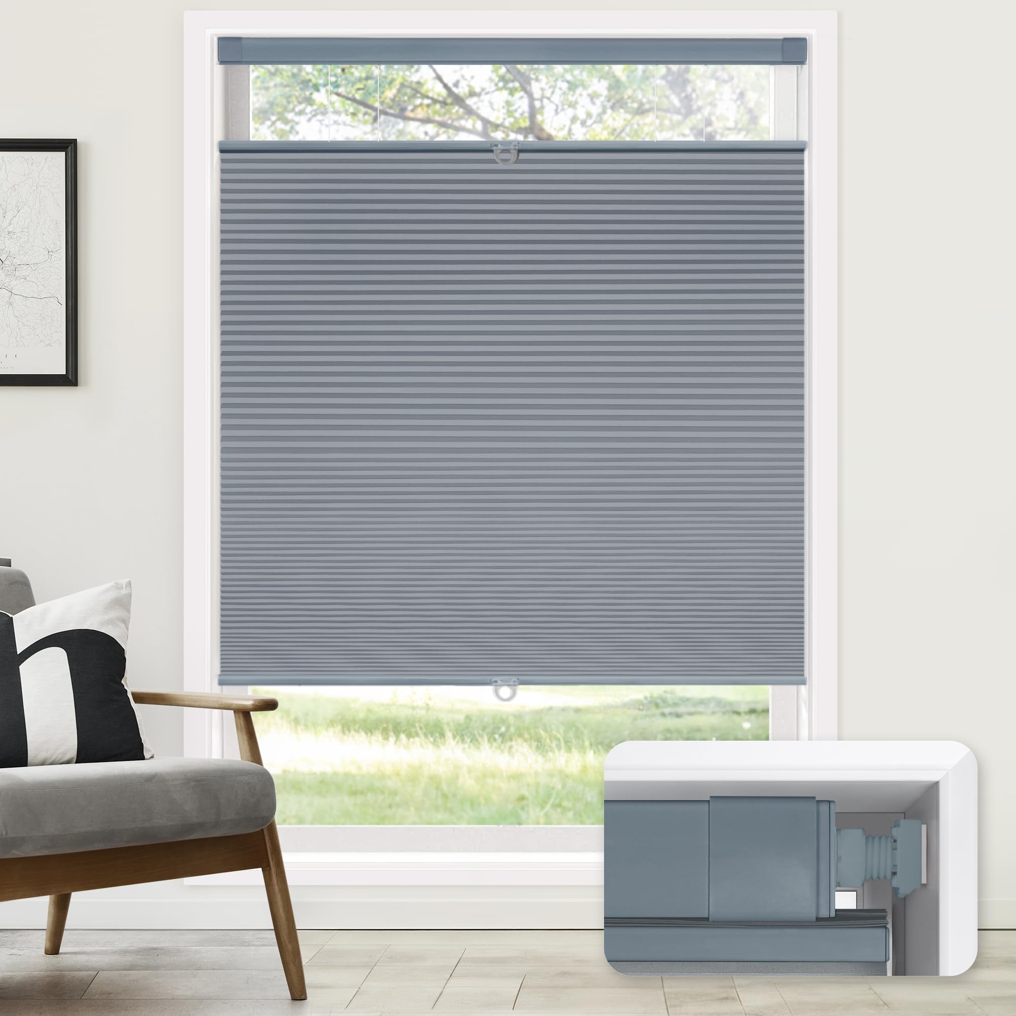 LazBlinds No Drill Cordless Cellular Shades, 32" W x 48" H, Dark Grey