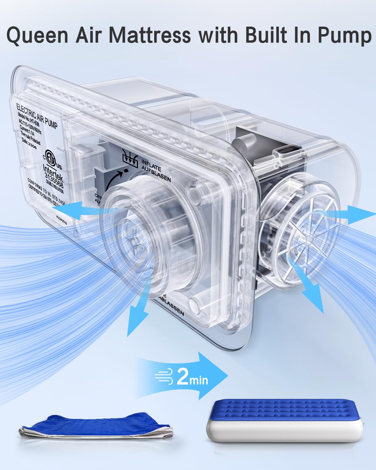 Xsleep Materac dmuchany typu queen, 33 cm, wysoki, dmuchany materac typu queen-size, z wbudowaną gałką pompy, aktywowany 1-3 minuty, szybkie nadmuchiwanie/spuszczanie powietrza, do wszystkich miejsc