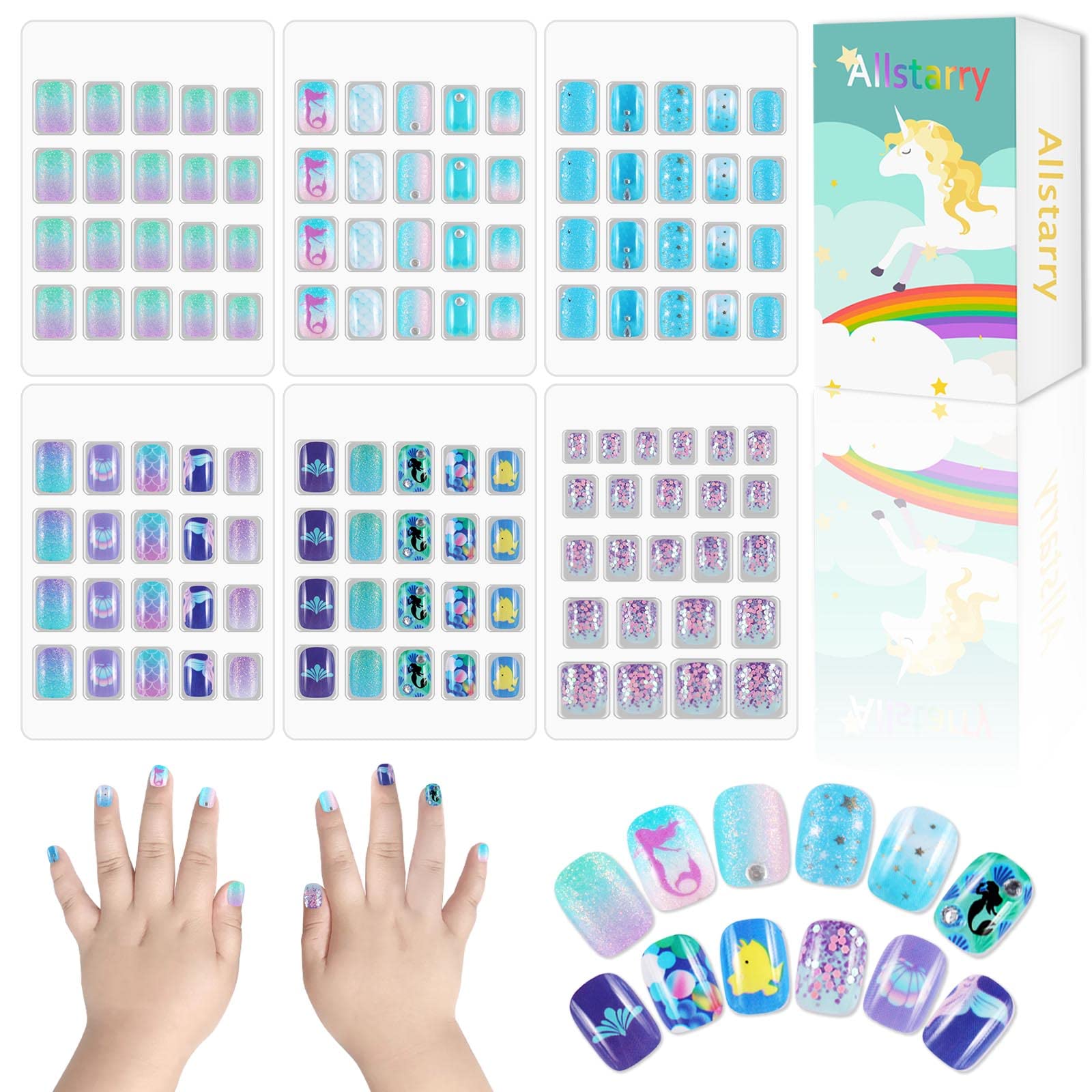 Allstarry 124 Pieces 6 pack Children Nails Press on Pre-glue Full Cover Blue Mermaid Short False Nail Kits Lovely Gift for Children Little Girls Nail