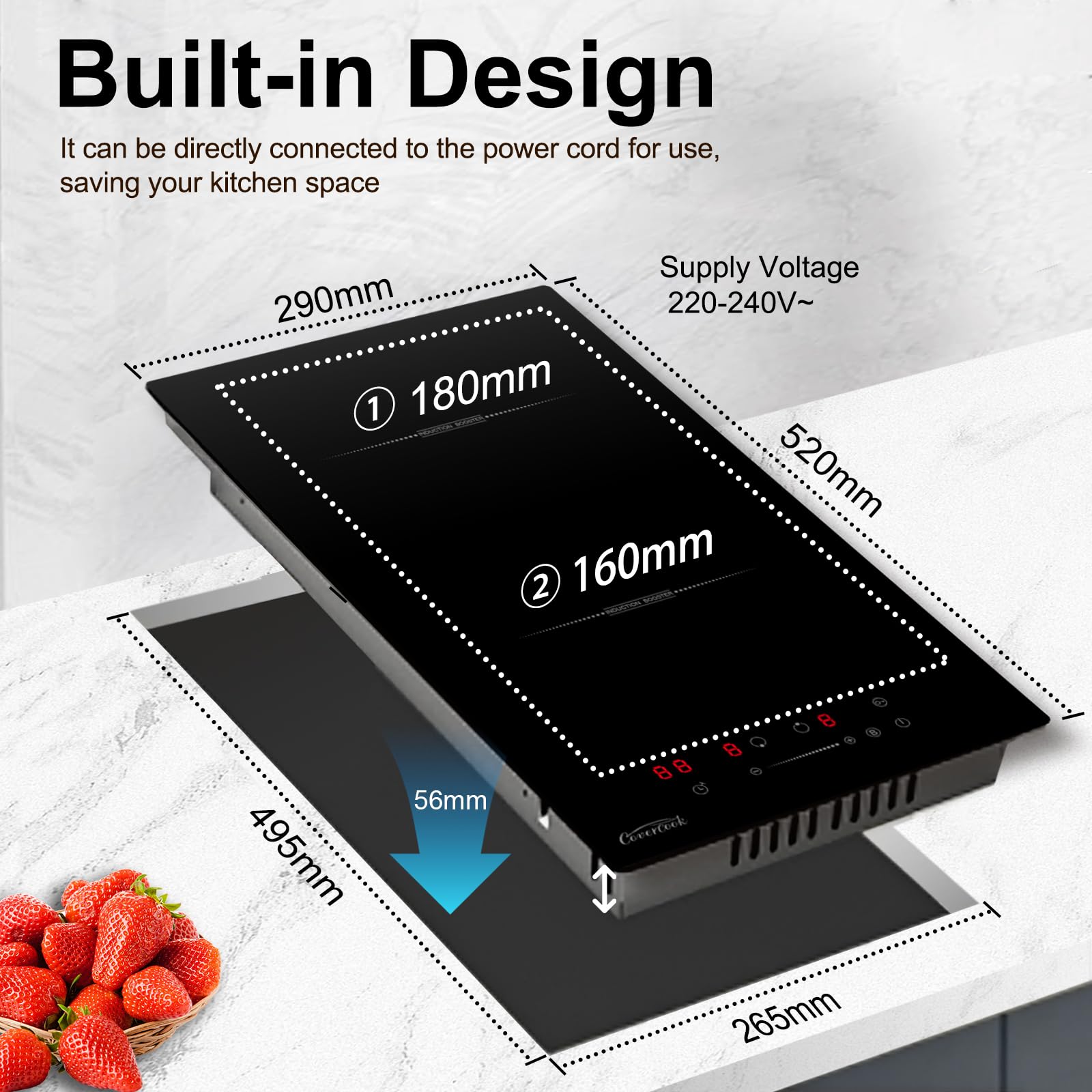 COVERCOOK 2 Ring Electric Hob, Built-in 30 cm Induction Hob, Double Electric Hob with Boost Function, Slider Touch Control, Timer, Child Safety Lock, 9 Power Levels, 3500W, Hard Wired, No Plug — view 4