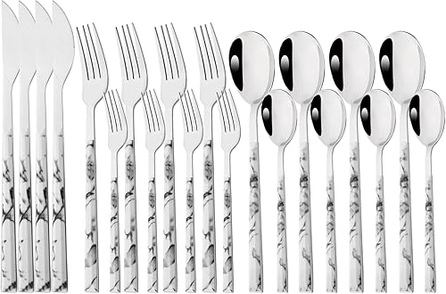 Snplowum 20 piezas (4 juegos) de acero inoxidable plateado con mango de mármol blanco, cubiertos de boda y uso diario, cubiertos para el hogar,