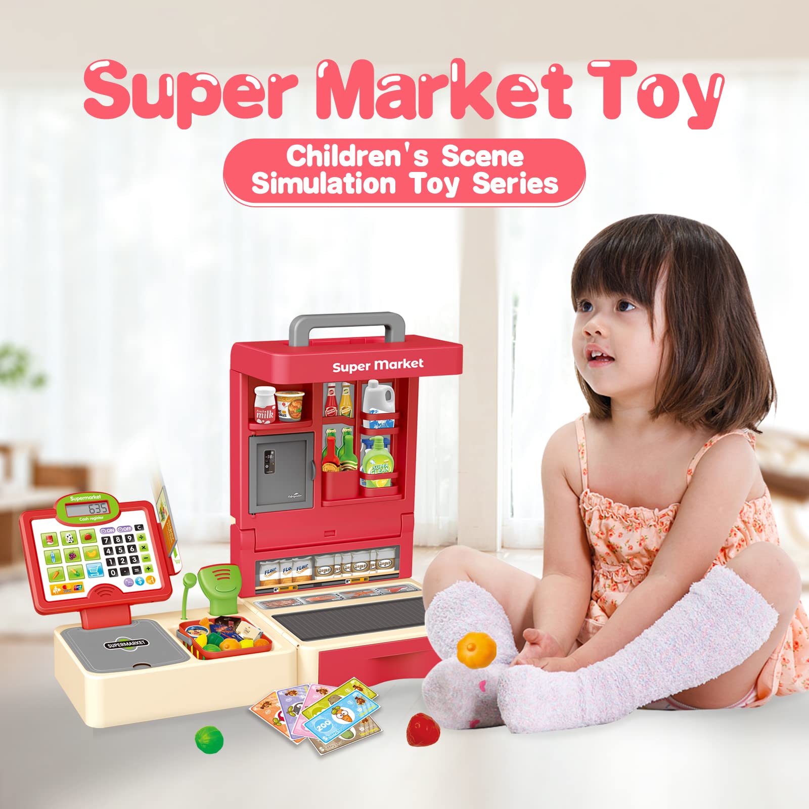 RedCrab Registratore di Cassa Giocattolo, Supermercato Cassa Giocattolo per Bambini con Funzione di Calcolatrice, Scanner e Alimenti, Pieghevole Cassa Set di Giocattoli per Bambini 3+ Anni