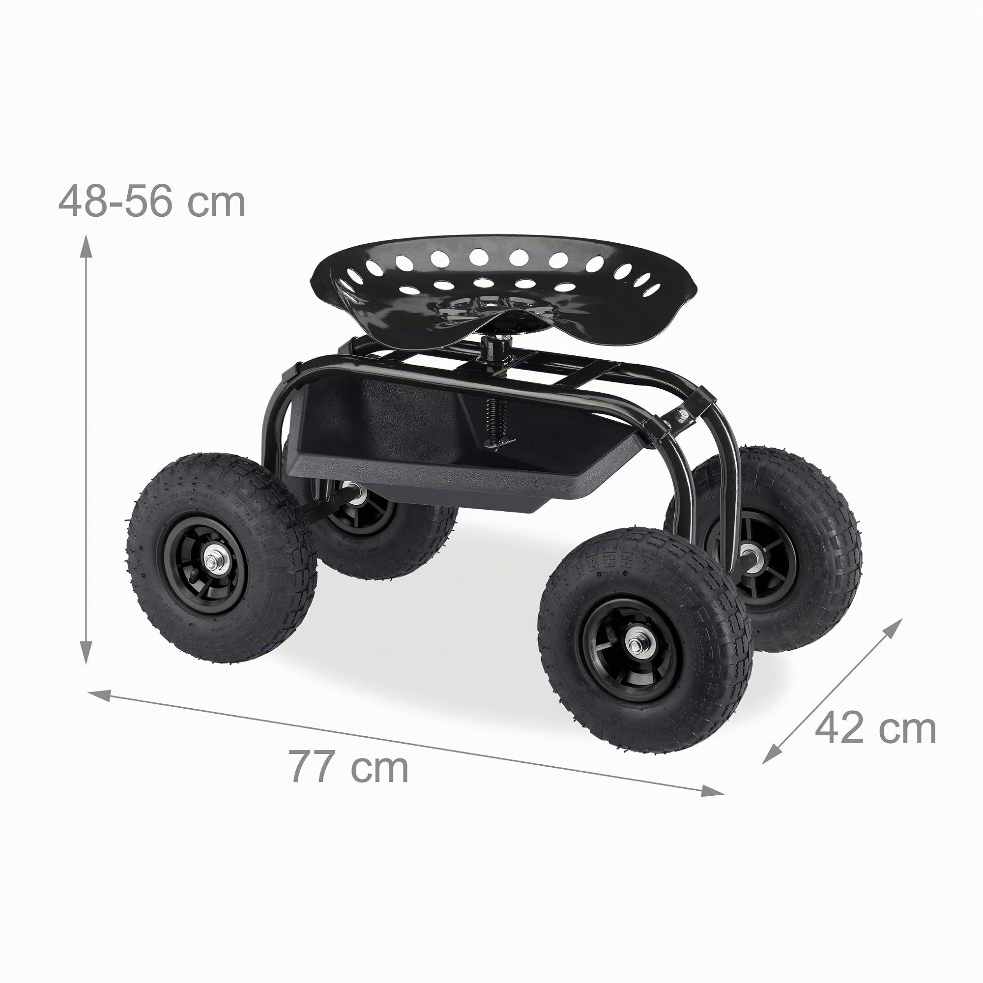 Relaxdays Asiento con Ruedas para Jardín, Jardinería y Taller, 150 kg, Altura Regulable 48-56 cm, Silla Móvil, Negro