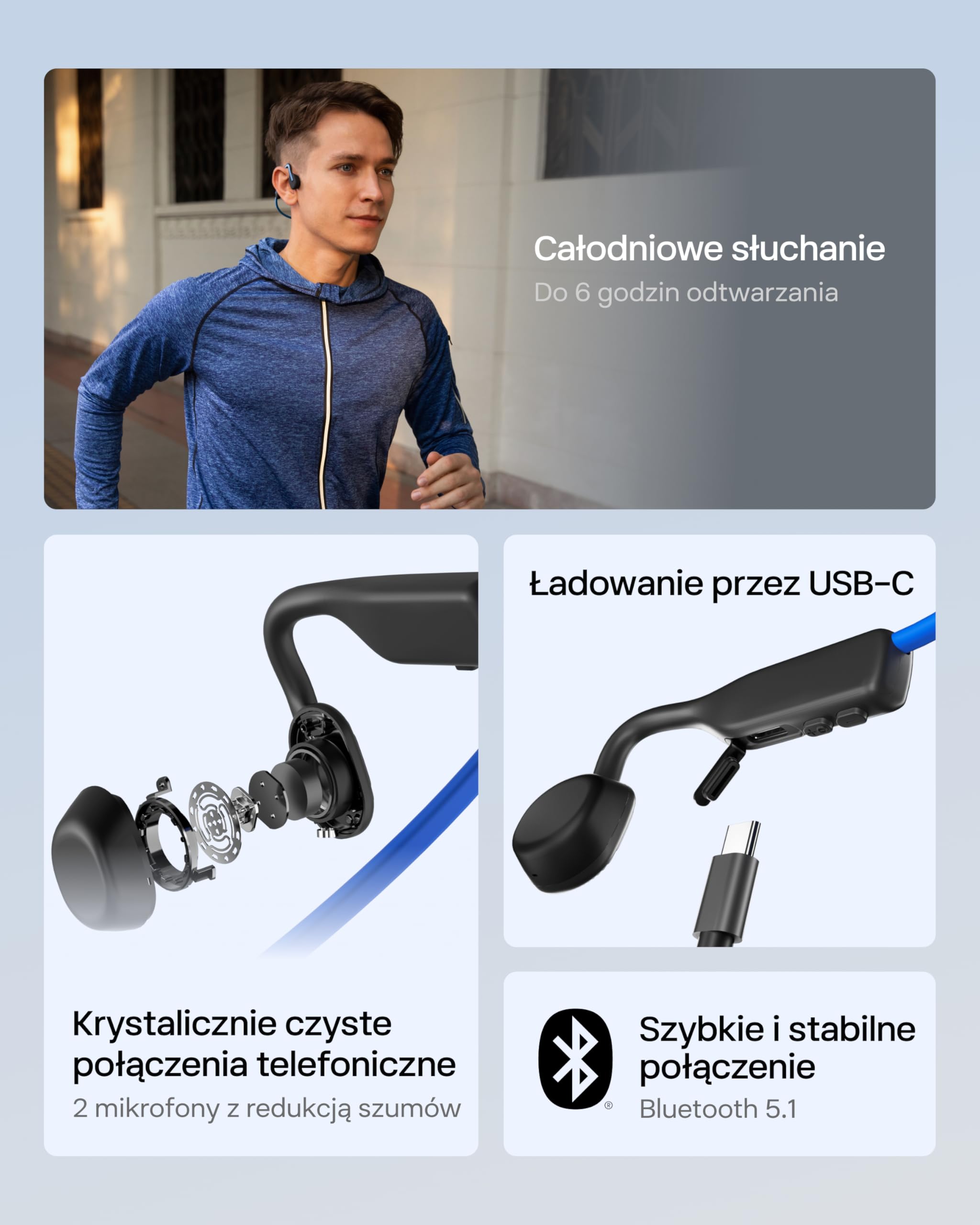 SHOKZ OpenMove Przewodnictwo Kostne, Bezprzewodowe Bluetooth 5.1, Otwarte Uszy, Czysty Dźwięk, Bateria 6h, Waga 29g, IP55, Słyszy Ruch i Otoczenie, do Biegania, Treningu i Codziennego Użytku,Niebieski