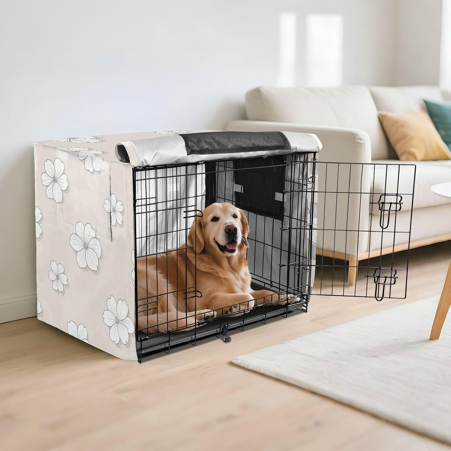 White Flower Beige Metal Dog Crate Covers Puppy Kennel Cover Rollers Shades