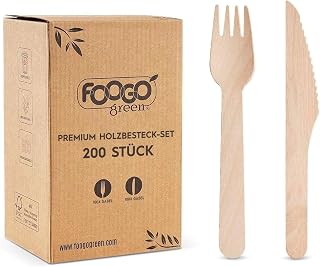 FOOGO Green Einweg-Holzbesteck 200-teilig, 16 cm – 100x Gabeln & 100x Messer – Holzbesteck kompostierbar & biologisch abbaubar – Nachhaltiges Einwegbesteck ideal für Party & Picknick