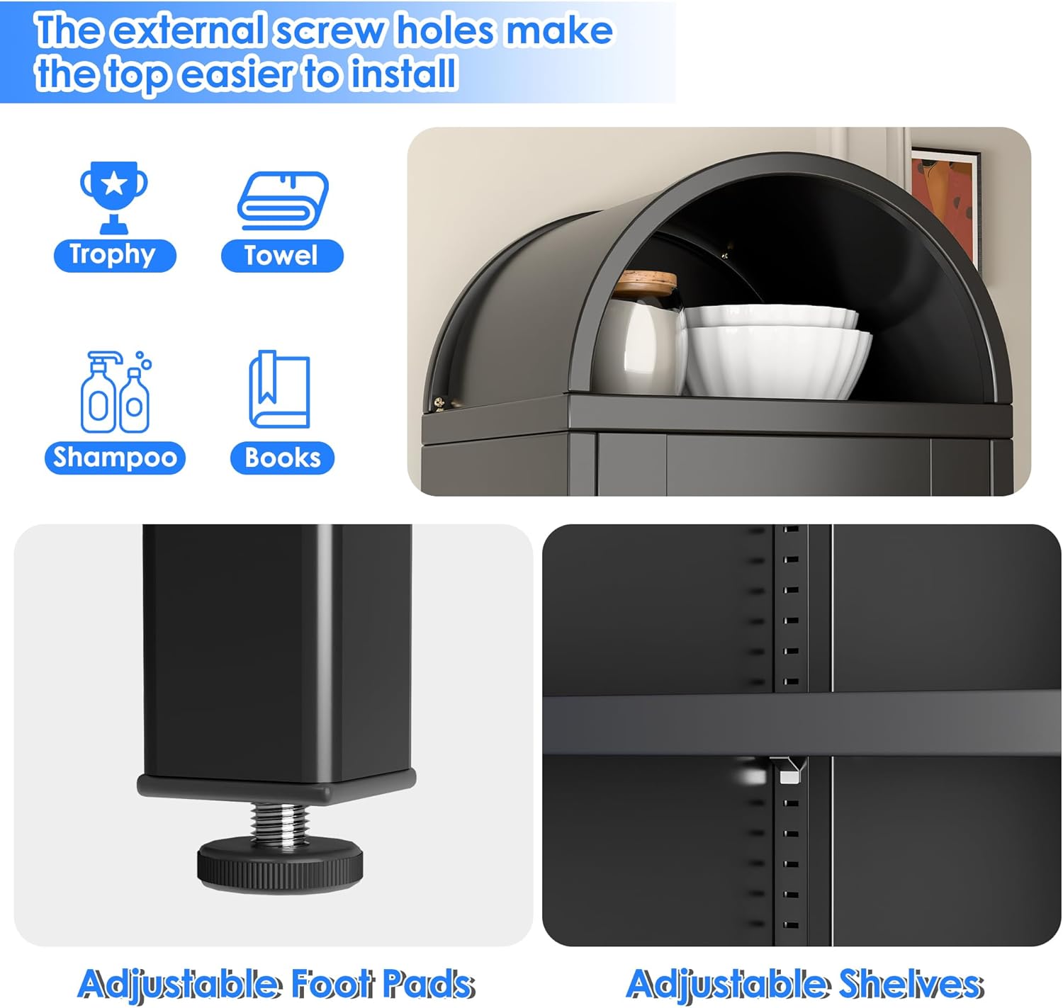 73''H Metal Arched Bookcase Cabinet, Arch Display Storage Cabinet with Glass Doors & Shelves and 1Drawer for Living Room, Kitchens,Office, Black, Assembly Required