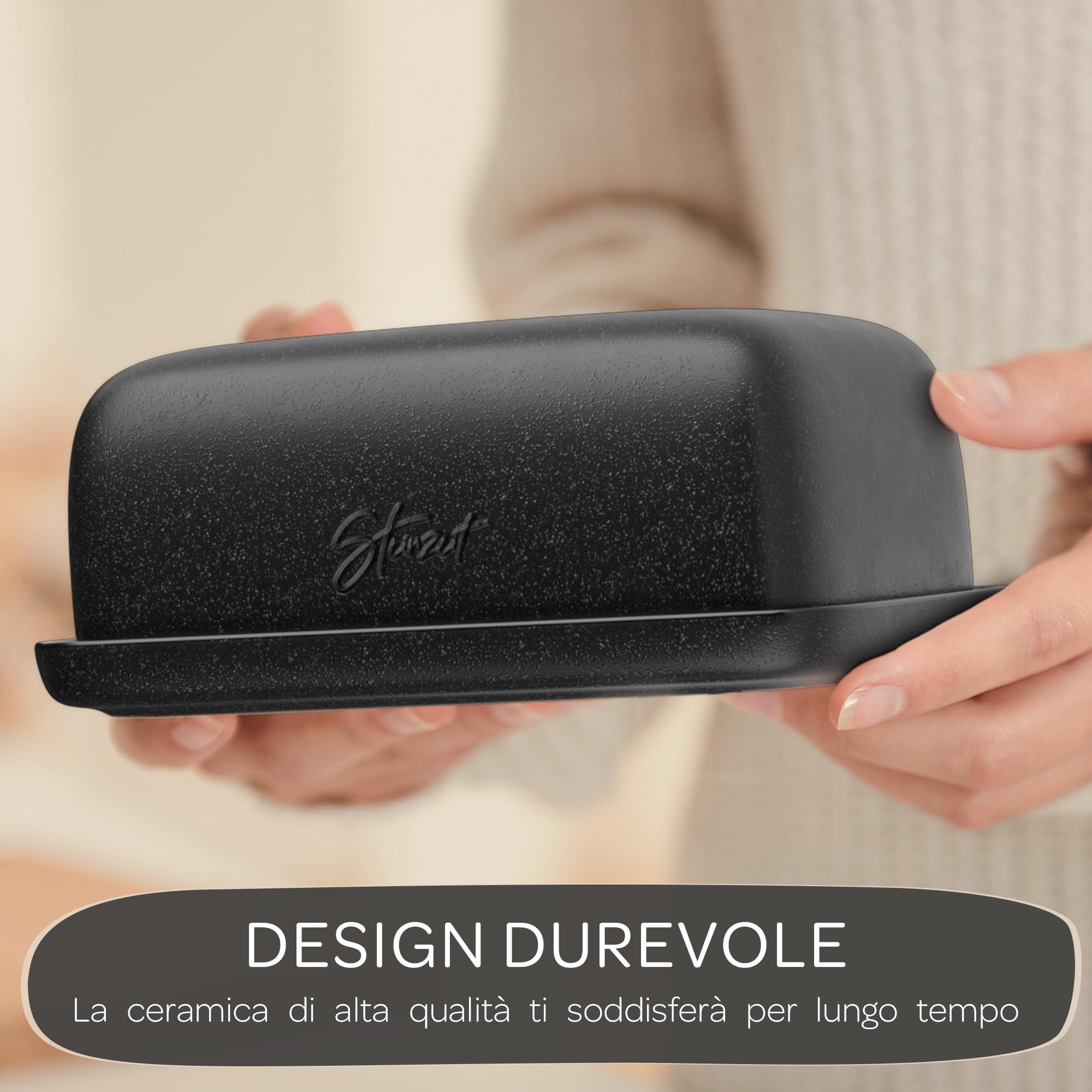 Steinzeit Burriera Design - Porta burro da frigorifero - burriera in ceramica per tutti i tipi di burro comuni (250 g) - Piatto per burro adatto alla lavastoviglie - portaburro da frigo