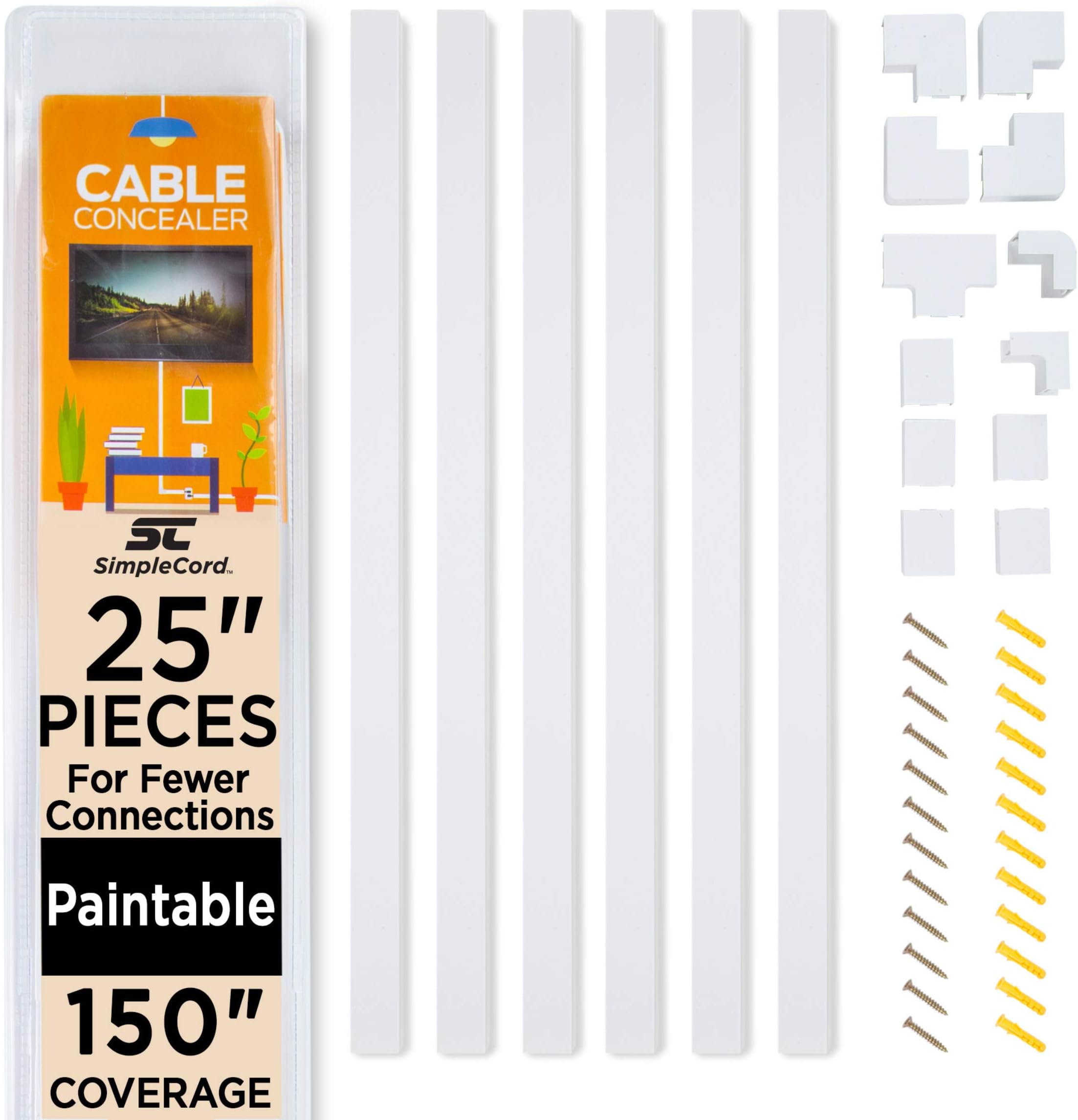 150in Cord Hider Kit - 6-Pack 25in Cable Management for Wall-Mounted TV or Computer Cables - Paintable Wire Covers for Cords by Simple Cord (White)