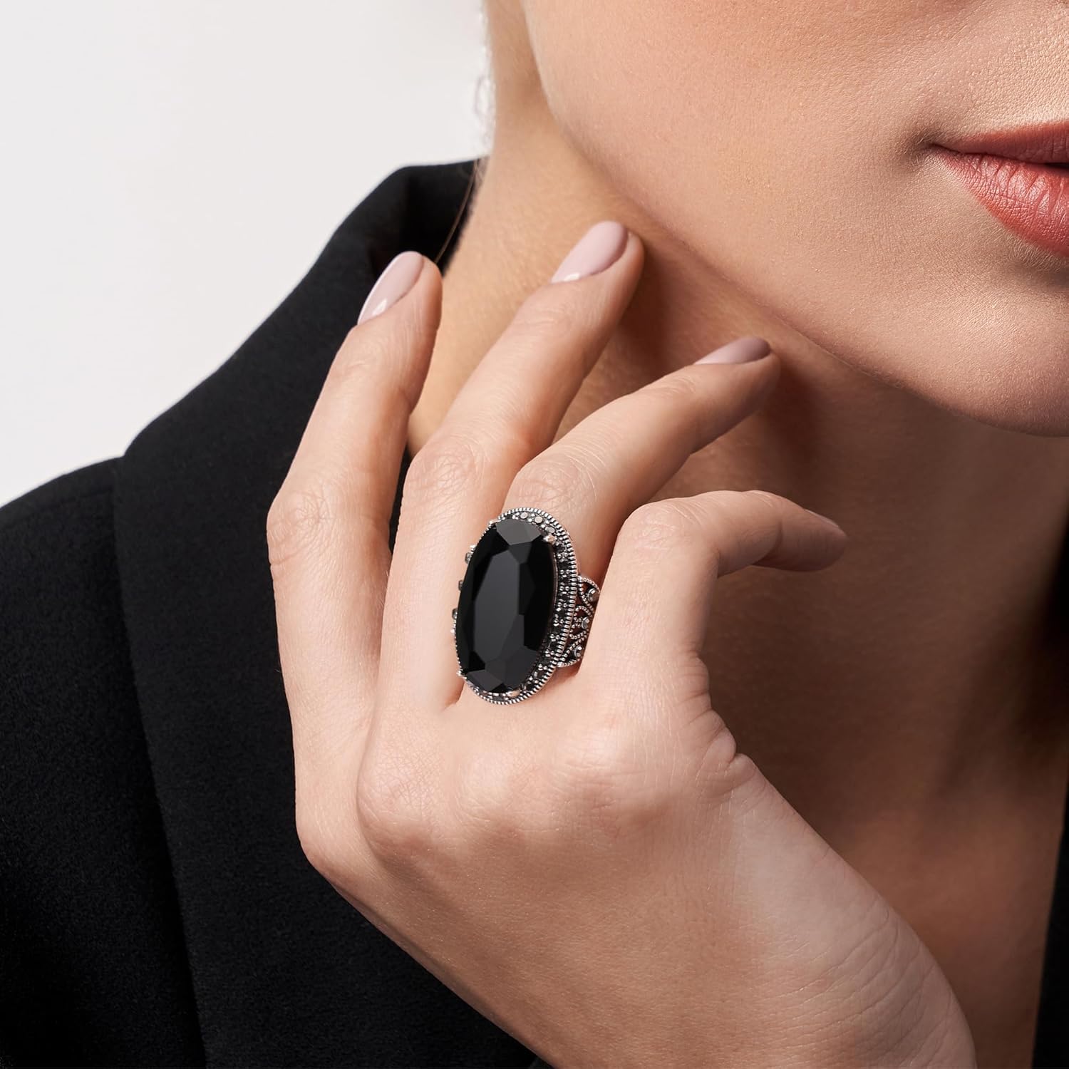 Mytys Retro Vintage Cocktail Statement Ring Black Marcasite & Crystal Rings for Women Antique Silver Big Black Onyx Stone Ring - Image 2