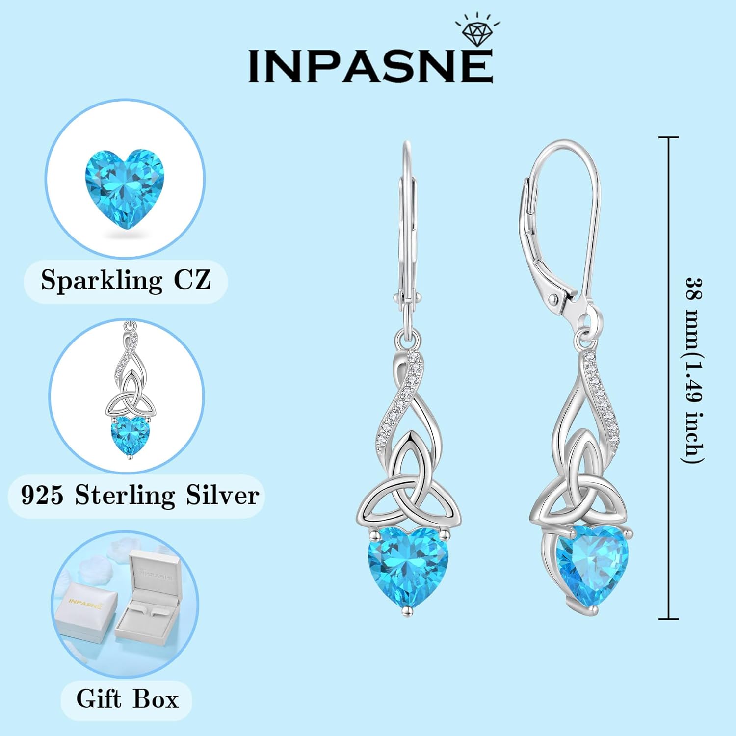 Infinity Celtic Knot Earrings for Women 925 Sterling Silver Dangle Drop Leverback Earirngs with Birthstone Irish Good Luck Jewelry Gifts for Her - Image 6