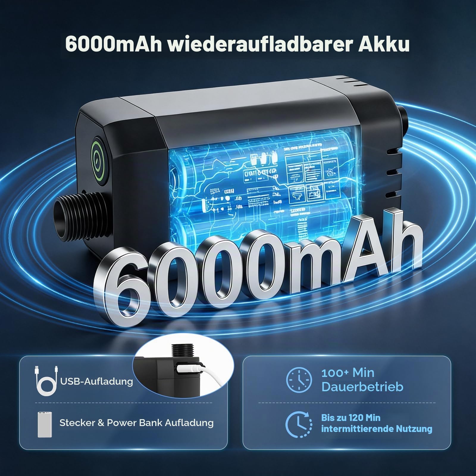 Campingdusche mit 6000 mAh Akku, Pumpe, 200 cm Wasserschlauch, Mobiles Duschset, Outdoor Dusche für Garten, Autowäsche, Haustiere, Strand und Reisen