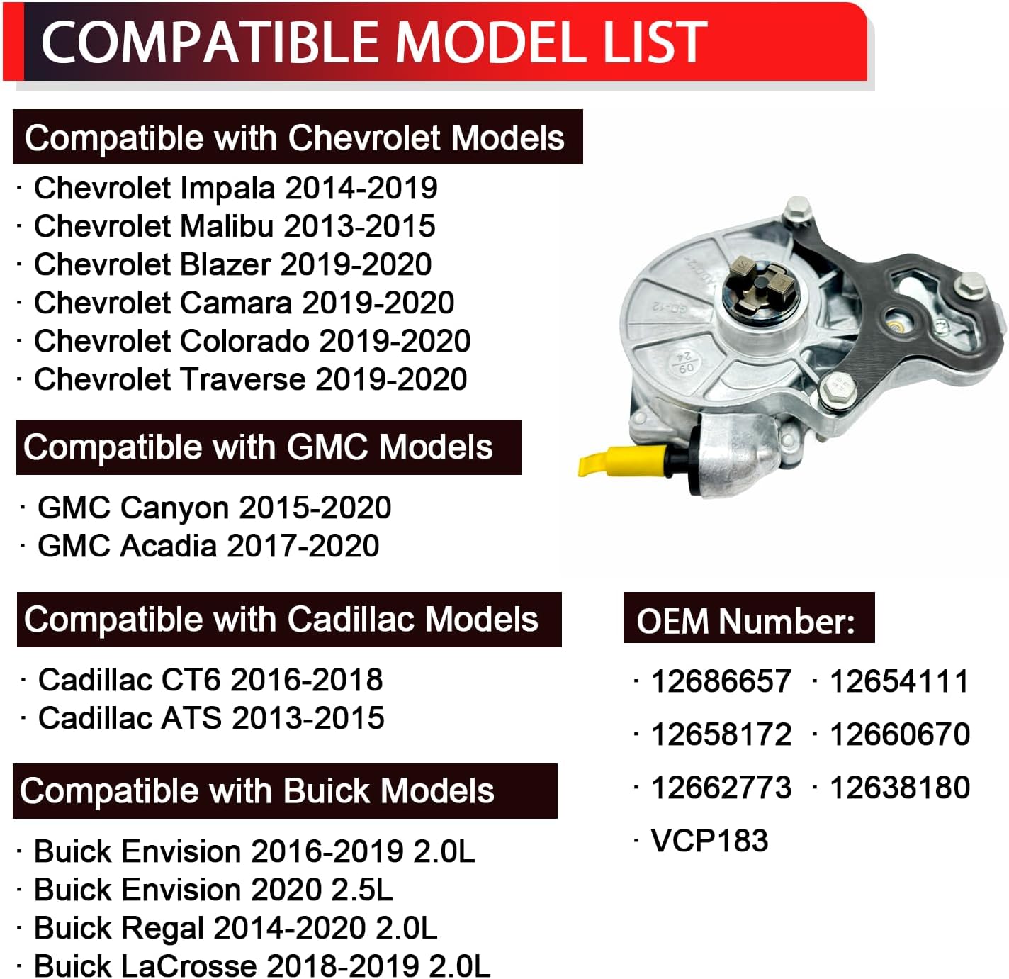 12686657 Brake Vacuum Pump Compatible with Chevrolet Impala Malibu Blazer Camara Colorado Traverse, GMC Canyon Acadia, Cadillac CT6 ATS, Buick Envision Regal LaCrosse (2.0L 2.5L)