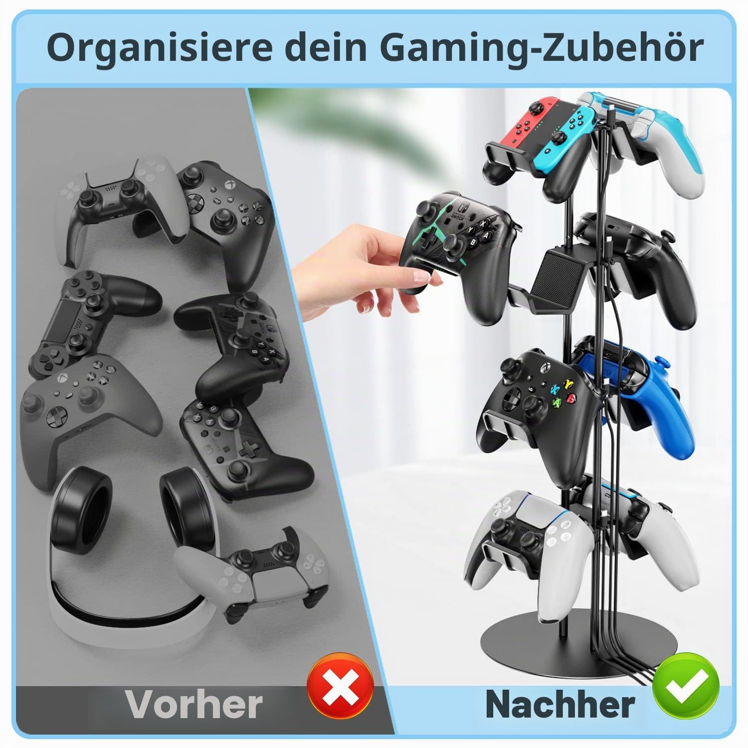 Gaming Deko Controller Halterung, 4-Stufen Controller Halter & Kopfhörer Halterung Tisch mit Kabel Gaming Organizer, Kopfhörer Halter für Universaler Controller/Headset, Gaming Zubehör Zimmer Deko