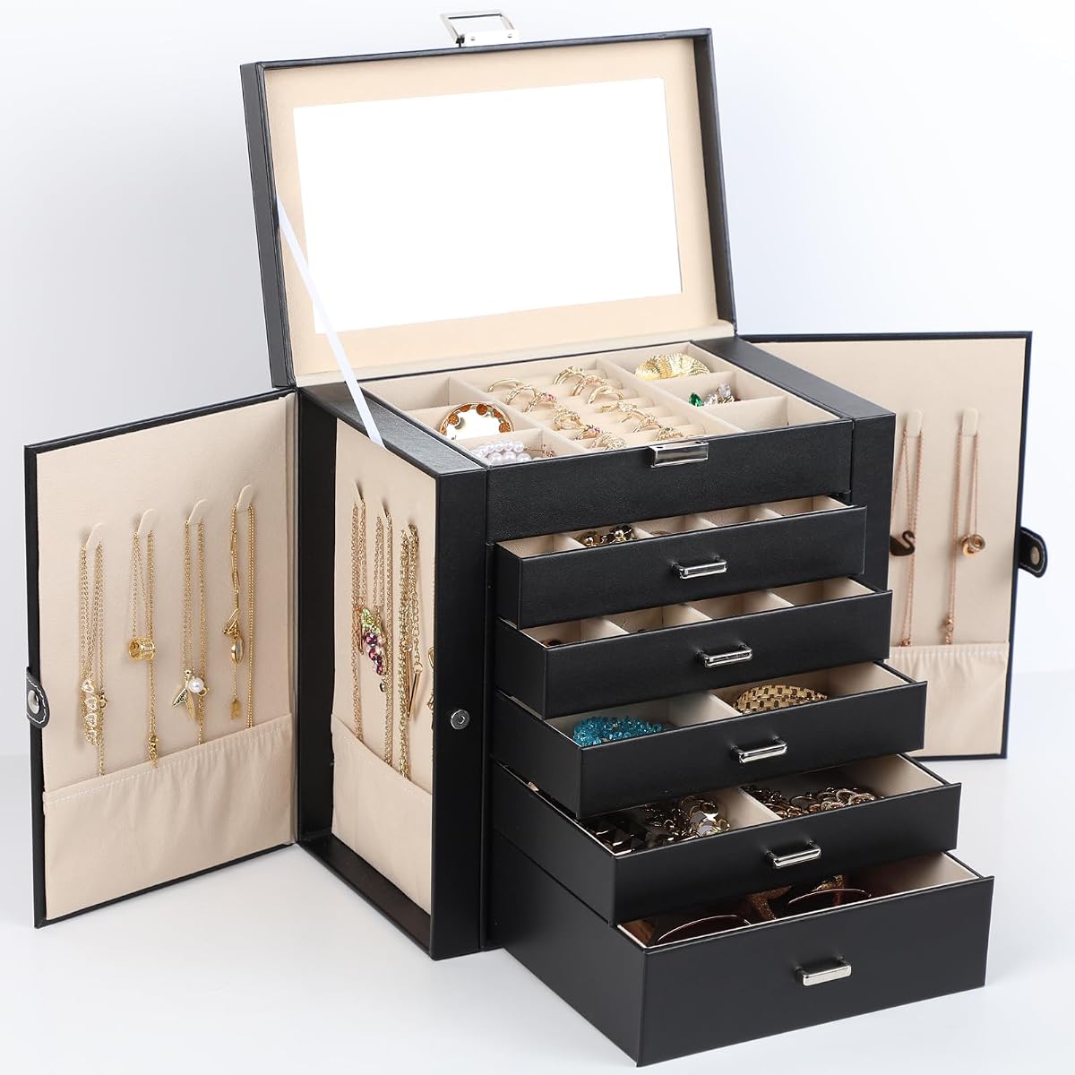BOOVO Joyero grande para mujer de 6 capas | Organizadores y almacenamiento de joyas con 5 cajones y puertas laterales y ganchos para collares, joyeros para pendientes, pulseras